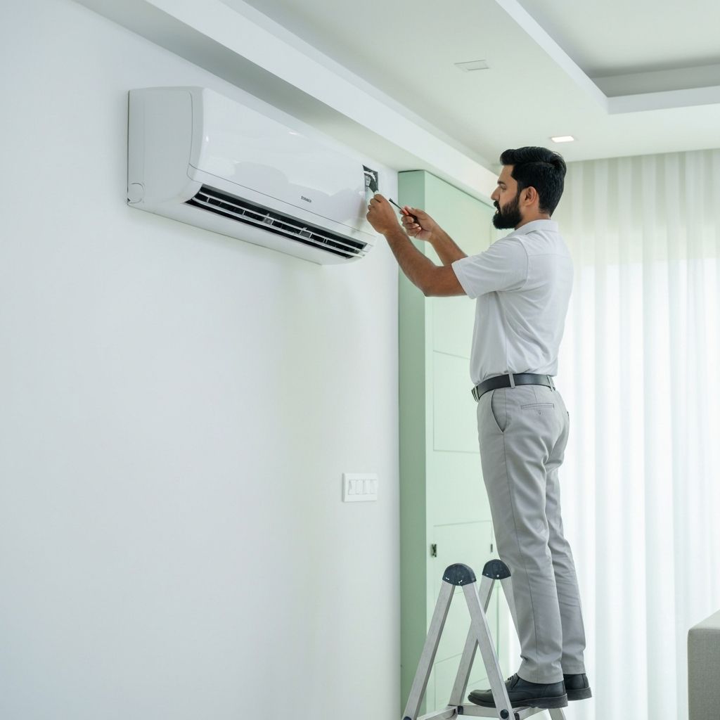 Technician servicing split AC indoor unit at home